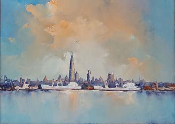 Kunstschilder Leo Jordaens met een kunstwerk op paneel