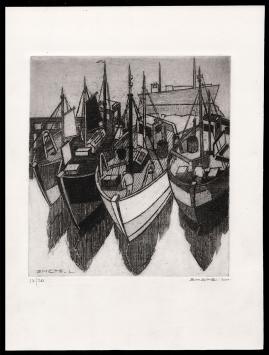 Vissersboten met vissers van de Belgische kunstenaar Léon Smets