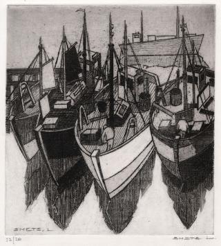 Zicht op vissersboten in het water