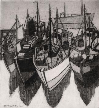 De Belgische etser Léon Smets met een grafisch kunstwerk