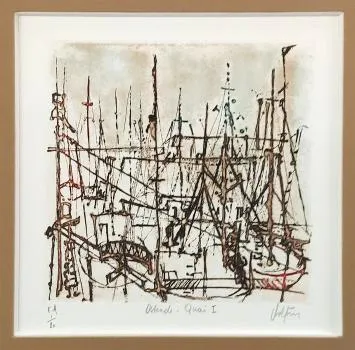 Een ets, "Ostende Quai" van de Belgische etser André Colpin kopen