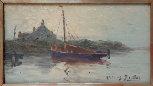 De Belgische schilder Albert De Vos met een schilderij op karton