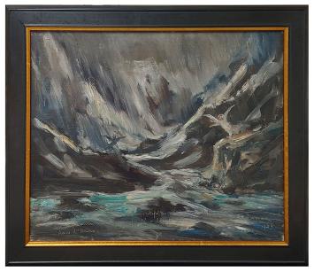 Le Purgatoire, Chtr V Je suis Bonconte…, 1939, olie op doek op paneel door Armand Jamar, expressieve scène geïnspireerd op Da