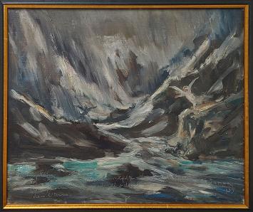 Le Purgatoire, Chtr V Je suis Bonconte…, 1939, olie op doek op paneel door Armand Jamar, expressieve scène geïnspireerd op Da