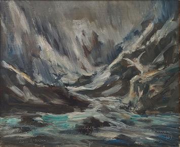 Le Purgatoire, Chtr V Je suis Bonconte…, 1939, oil on canvas on board by Armand Jamar, expressive Dante-inspired scene.