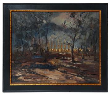 Donker expressionistisch schilderij van Armand Jamar, met bos en vurige lichten op de achtergrond, geïnspireerd op het vagevu