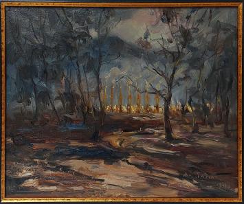 Tableau expressionniste sombre d’Armand Jamar avec lumière mystique en arrière-plan, inspiré du Purgatoire de Dante