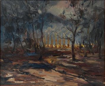 Dark expressionist landscape painting by Armand Jamar with glowing lights in the background, inspired by Dante’s Purgatorio