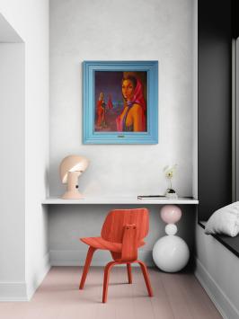 Surrealistisch schilderij met gesluierde dame