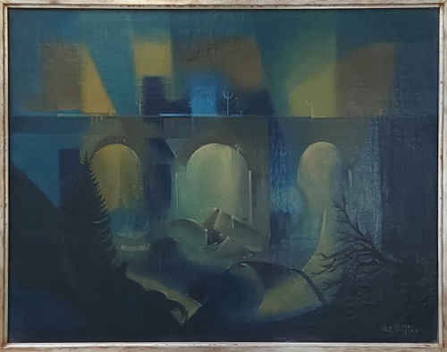 De Belgische schilder Antoon Luyckx  met een schilderij met een surrealistisch kunstwerk