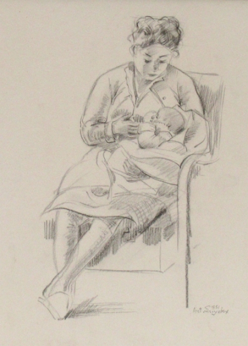 De Belgische kunstenaar Antoon Luyckx  met een schilderij met een potloodtekening