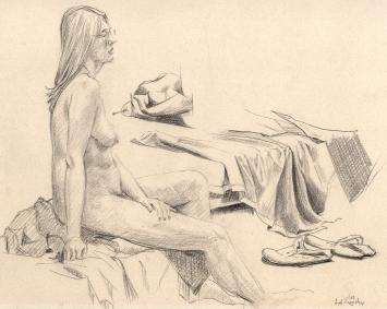 De Belgische kunstenaar Antoon Luyckx  met een schilderij met een tekening