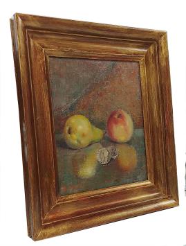 Stilleven, appel peer en munt op tafel 1973