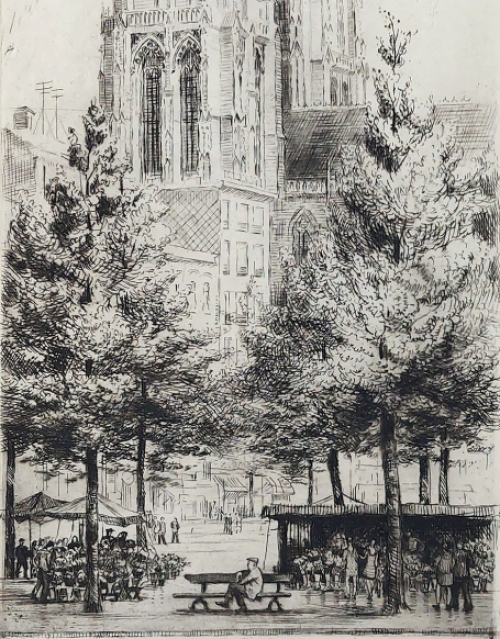 Romain Malfliet met een ets van Antwerpen