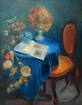 Anny Rouschop  met een olieverfschilderij