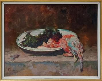 Belgische schilder Alexandre Tielens met een olieverfschilderij
