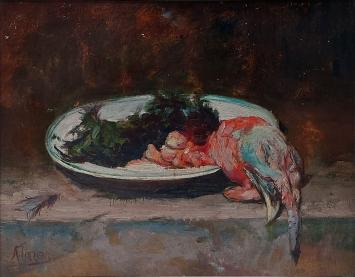 Schilderij van Alexandre Tielens, 1893 kalkoen op bord