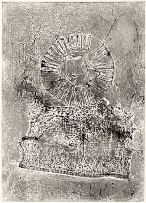 Gustaaf Prils  met een grafisch werkje, gemengde techniek