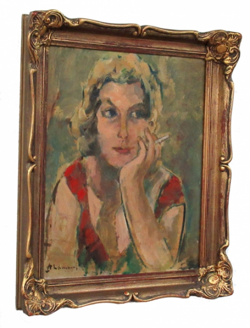 Achille Lammens met een schilderij op paneel
