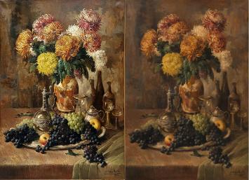 Stilleven met bloemen en perziken 1946