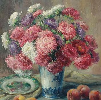 Stilleven met bloemen en fruit, schotel