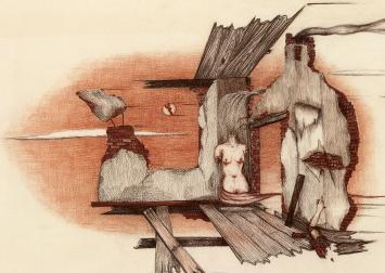 Surrealistische tekening van Roger Van Akelyen