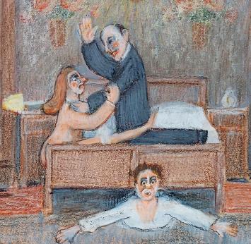 Belgische kunstenaar Delfosse met een volks kunstwerk