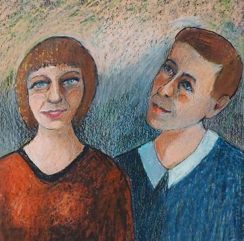 Man en vrouw, naïef kunstwerk op papier