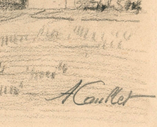 De Belgische kunstschilder Albert Caullet  met een waterverfschilderij