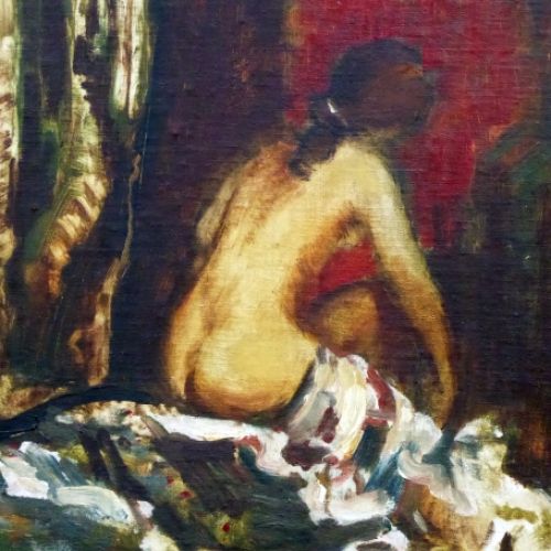 Rug van naakte vrouw op bed gezeten