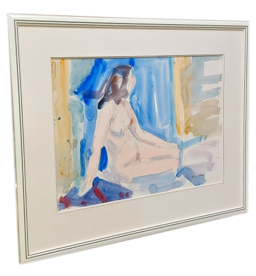 Aquarel Zittend naakte vrouw