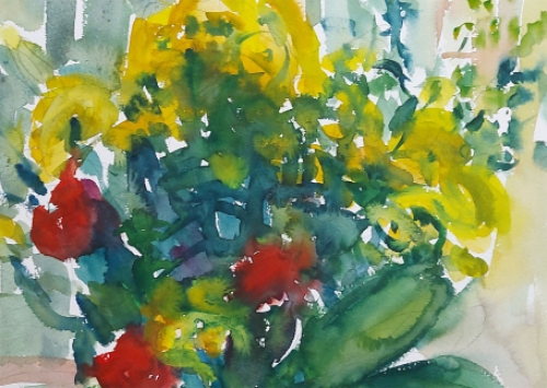 Aquarel Stilleven met bloemen op tafel