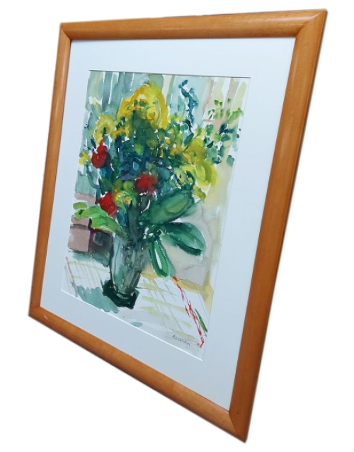Aquarel Stilleven met bloemen op tafel