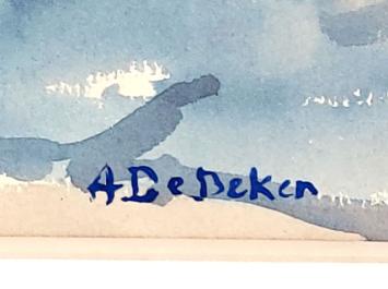 Aquarel, naakte dame tussen de kussens