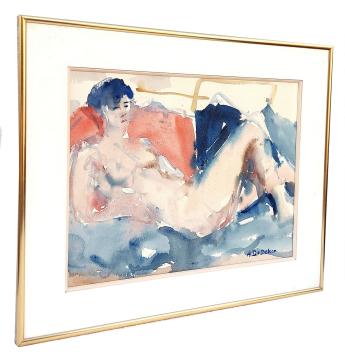 Aquarel, naakte dame tussen de kussens