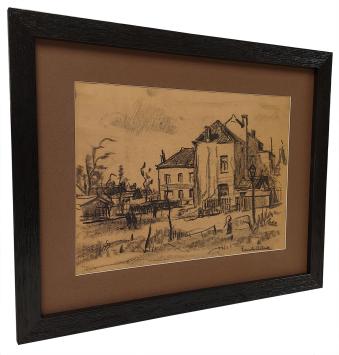 Houtskooltekening, Huizenblok aan de dorpsrand