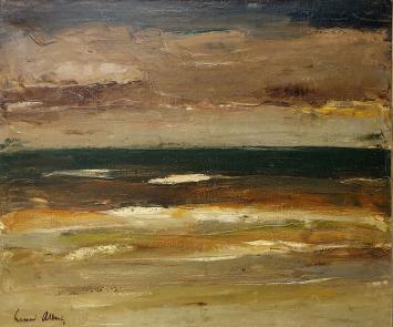 Ernest Albert met een schilderij op canvas of doek geschilderd