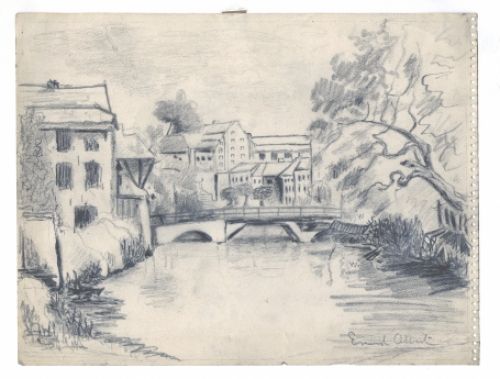 Tekening van een rivierbrug van de Belgische tekenaar Albert Ernest