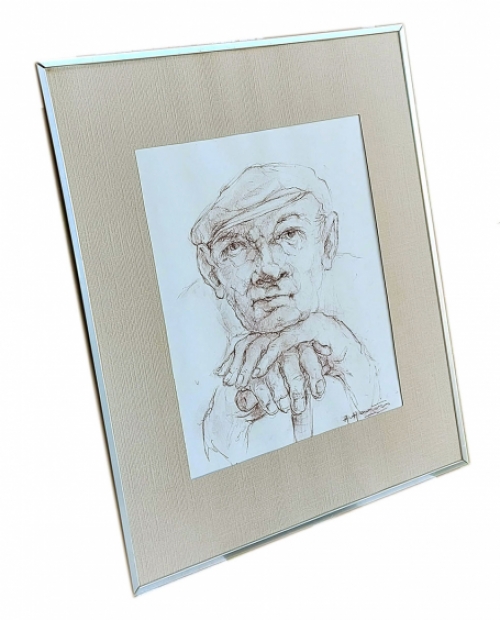 Tekening, man met klak rustend op wandelstok