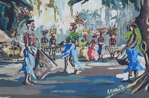 Albert Likeke Mongita met een waterverfschilderij