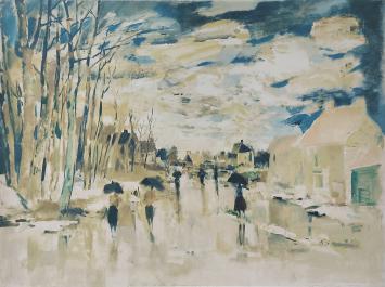 De Belgiscge kunstenaar Albert Saverys met een grote litho