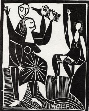 Linocut uit Le poète assassiné; Gambrinus