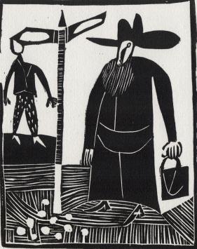Linocut uit Le poète assassiné, Voyage