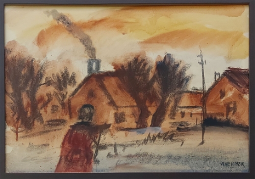 Alfons Vermeir met een expressionistisch schilderij op papier