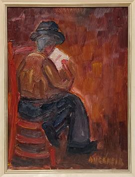 Alfons Vermeir met schilderij op bord geschilderd