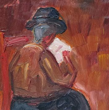 De Belgische kunstschilder Alfons Vermeir met een schilderij een stoel met man op