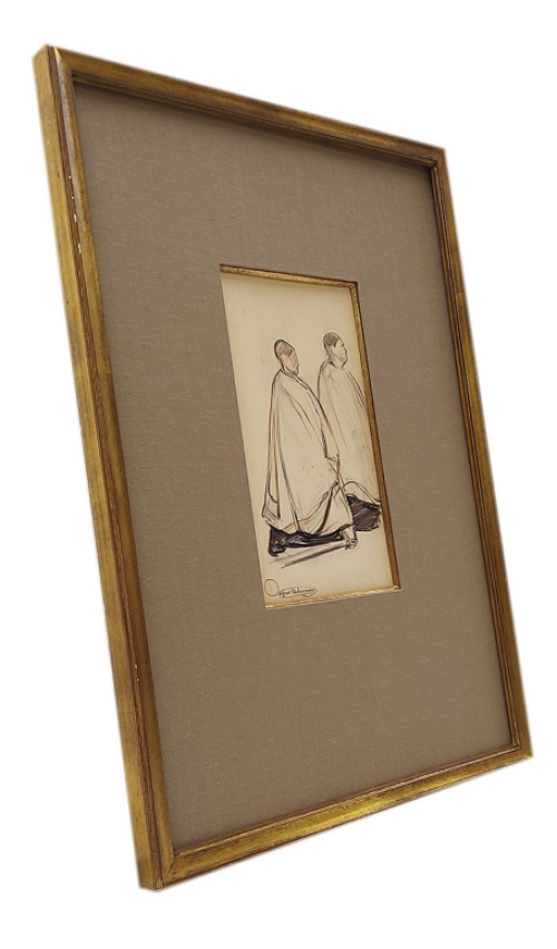 Alfred Delaunois met een tekening van misdienaars