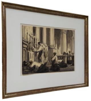 Priester en misdienaars aan het bidden