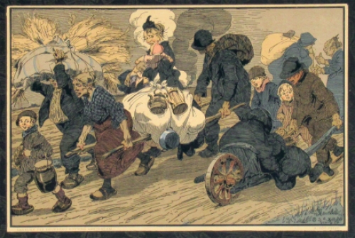 Litho van Alfred Ost, Oorlogsvluchtelingen Sluis Verdreven 1915