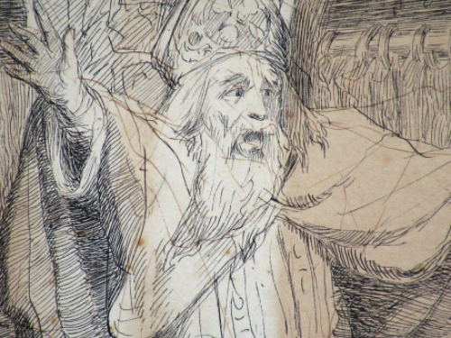 Pentekening binnenzicht Historische scene 1906
